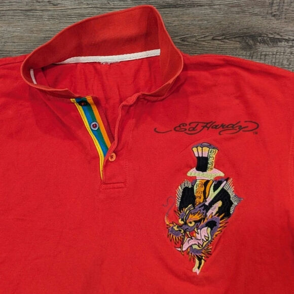 vintage Y2K Ed Hardy by Christian Audigan Red Embroidered Polo Men's XXL - Picture 5 of 10
